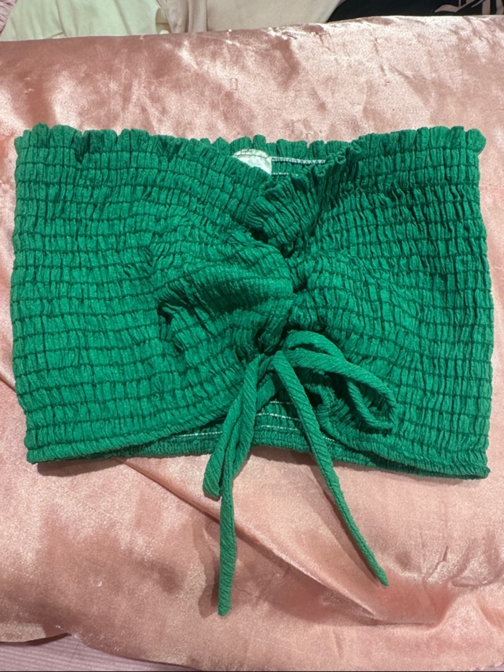 Green Smocked Tie-Front Crop Top